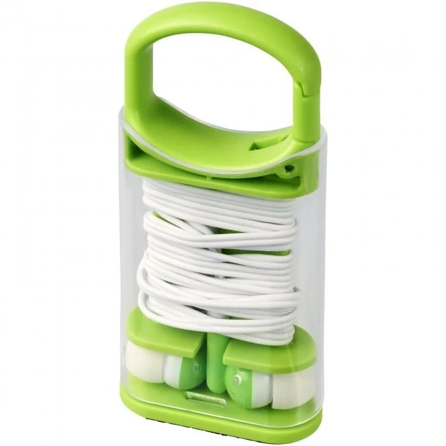 Snap earbuds with plastic carabiner clip case